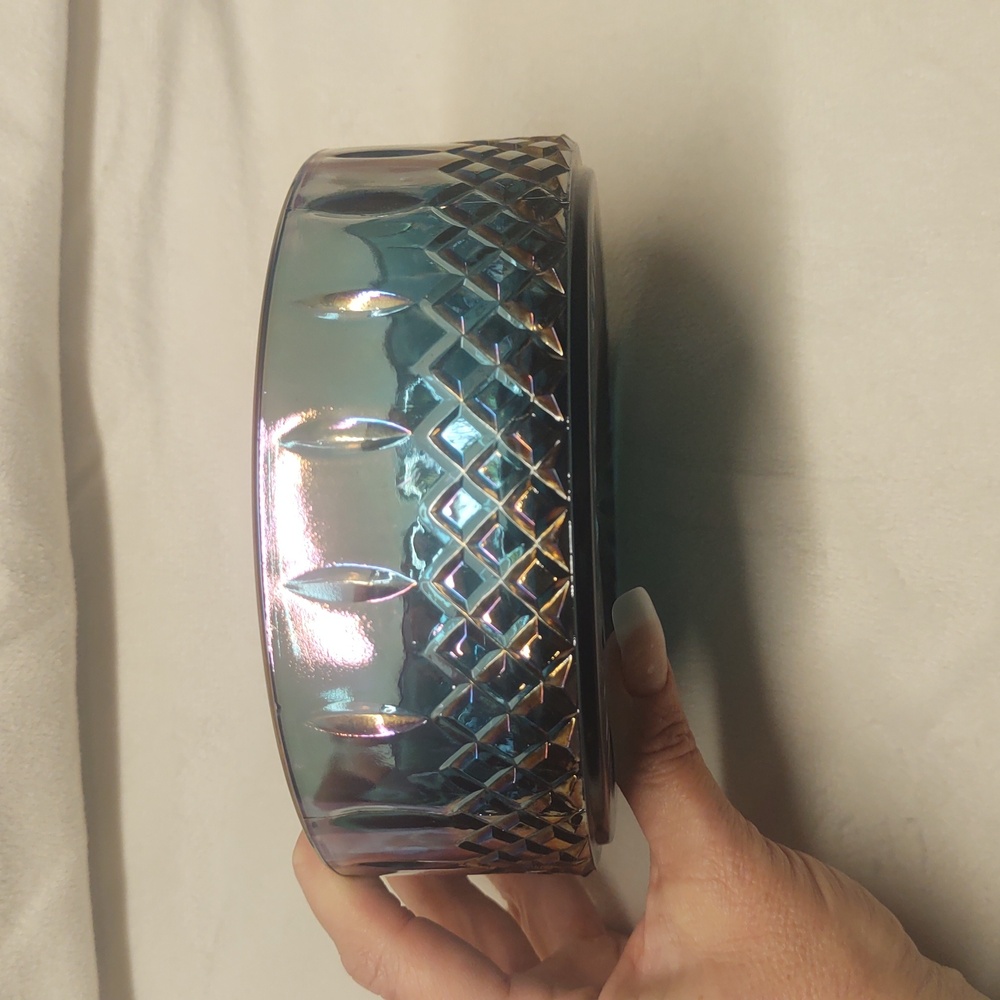 Vintage Candy Dish With Lid Iridescent Blue Rainbow Carnival Glass 1960s EUC - Picture 6 of 12
